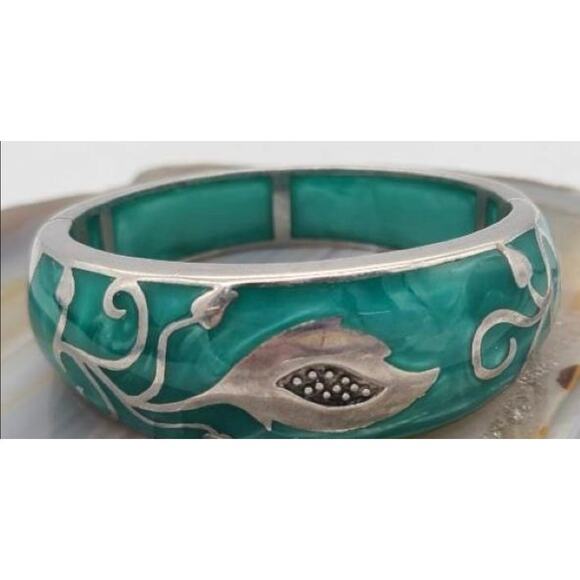 ANDREW HAMILTON CRAWFORD 925 Silver Teal Cuff Botanical Vine Modernist Bracelet - Picture 1 of 16